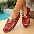 Bailarinas de malla roja con hebilla dorada, zapatos planos de verano para mujer. - 35 / Rojo Con Hebilla De Metal