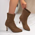 Stylish brown suede pointed-toe ankle boots with comfortable kitten heels for women - 35 / Khaki
