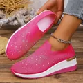 Fashionable pink fly-knit platform loafers with rhinestone decoration and wedge heel - 37 / Rose Red