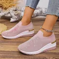 Fashionable pink knit wedge sneakers with sparkly rhinestone details for women's casual wear - 37 / Pink