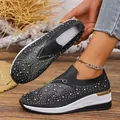 Elegant black rhinestone platform wedge sneakers for women in breathable flying woven fabric - 37 / Black