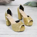 Elegant gold glitter chunky heels with bow detail and pearl ankle strap - 35 / Gold