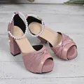 Élégantes sandales roses pailletées à talon bloc, plateforme et bride cheville perles - 35 / Perle Rose