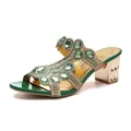 Elegant women's green rhinestone slide sandal featuring chunky gold mid heel and gemstones - 35 / Green