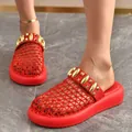 Vibrant red mesh hollow slippers with gold stud accents on a stylish platform sole - 37 / Red