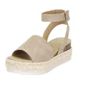 Detailed side view of beige espadrille wedge sandals with adjustable ankle buckle strap. - 35 / Khaki