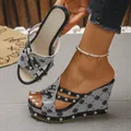 Stylish denim platform wedge sandals with heart monogram pattern and rivet details - 36 / Black