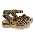 Detailed side view of leopard print wedge espadrille sandals with ankle strap. - 35 / Leopard Print