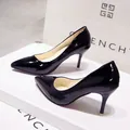 Elegant black patent leather pointed toe stiletto pumps for women's office wear - 34 / 7CM Heel / Black with Red Base
