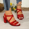 Stylish red suede chunky high heel sandals featuring cross-strap design and open toe. - 34 / Red