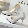 Elegant light gray patent leather stilettos with pointed toe for formal events - 34 / 7CM Heel / Grey Red Bottom