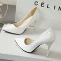Elegant white patent leather pointed-toe stiletto pumps for weddings or office wear - 34 / 10CM Heel / White Red Bottom