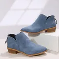 Elegant blue faux suede pointed toe ankle boots with comfortable low chunky heel for women - Blue