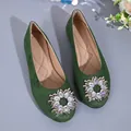 Elegant dark green suede flats for women featuring a sparkling round crystal buckle - 36 / Green