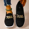 Schwarze atmungsaktive Fly-Knit-Loafer für Damen mit dekorativer Strass-Goldkette - 36 / Schwarz
