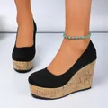 Elegantes zapatos de plataforma para mujer con cuña de ante negro y suela de corcho - 35 / Estilo de Cuña / Negro