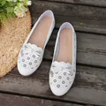Elegant white hollow-out flat shoes with bow knot and floral laser-cut pattern - 35 / White