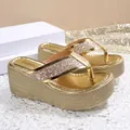Elegant gold metallic platform wedge thong sandals with glitter straps for women - 35 / Gold