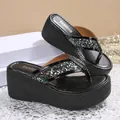 Fashionable black wedge thong sandals featuring glitter straps and a thick platform sole - 35 / Black