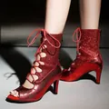 Elegant red glittery lace-up peep-toe high-heel sandals with stiletto heel and serpent texture - 36 / Red