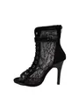 Elegant black lace peep-toe stiletto ankle boots with lace-up front and buckle detail - 35 / Peep Toe Lace Boots / Black