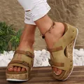 Stylish khaki platform wedge sandals featuring double buckle straps and cork-textured sole. - 36 / Yellow