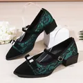 Close-up of elegant green floral lace Mary Jane pumps with crystal bow and block heel. - 35 / Green