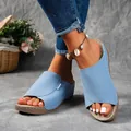 Detalle de sandalias con cuña azul claro con punta abierta y suela gruesa cómoda - Azul claro