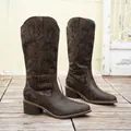 Vintage brown mid-calf western boots with intricate black floral embroidery and block heel - 36 / Coffee