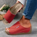 Red peep toe wedge sandals featuring platform soles and side stitching detail - 36 / Red
