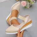 Elegant beige pointed-toe wedge sandals with elastic ankle strap and rope trim detail - 36 / Wedge Sandals / Beige