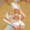 Elegant white pointed-toe wedge sandals with 7cm hemp rope platform and ankle strap. - 36 / Wedge Sandals / White