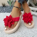 Chanclas de plataforma para mujer con decoración de flor de tela roja grande playa - Flor Roja