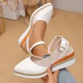Elegant white pointed-toe wedge sandals with hemp rope platform and adjustable ankle strap - 36 / Wedge Sandals / White