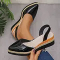 Stylish black patent leather pointed-toe wedge sandals with rope-wrapped platform sole - 36 / Wedge Sandals / Black