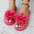 Chancletas de plataforma rosa brillante para mujer con flores grandes de tela 3D - Flor Rosa Roja