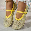 Elegantes bailarinas Mary Jane de malla amarilla decoradas con pedrería brillante fina - 35 / Amarillo
