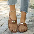 Brown mesh flat slides for women featuring a stylish large oval gold buckle ornament - 35 / Dark Brown