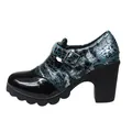 Close-up detail of stylish chunky heel shoes with teal snakeskin pattern and glossy toe. - 38 / Chunky Heel Pumps (SX-9) / Crocodile Pattern Black