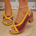 Close-up of burgundy and yellow color-block chunky heel sandals with an ankle strap - 36 / Burgundy