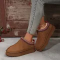 Detailed view of women's brown suede platform snow boot slippers with warm lining - 36 / Brown