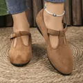 Women's brown suede pointed toe Mary Jane wedge flats, stylish spring casual footwear. - 36 / T-Strap Mary Jane Style (333 Brown) / Brown