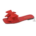 Red flat sandals for women featuring an oversized bow decoration and a square toe design - Red