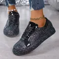 Women's black glitter sequin lace-up sneakers featuring stylish patent leather accents - 35 / Black
