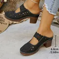 Detailed view of black cutout chunky heel mules showing 6.8cm heel height for fashion - Black