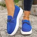 Close-up detail of stylish royal blue suede platform loafers for women with metal buckle - 36 / Blue
