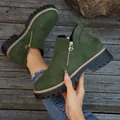 Bottines pour femmes en daim vert foncé avec bout rond et fermeture éclair dorée latérale - Vert