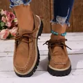 Mocassins à plateforme en daim marron pour femmes avec lacets et coutures contrastées - Marron