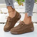 Stijlvolle bruine canvas platform loafers voor dames met ronde neus en vetersluiting - 36 / Bruin