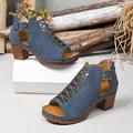 Close-up view of blue suede chunky heel Roman sandals with hollow out buckle strap design - 36 / Aqua